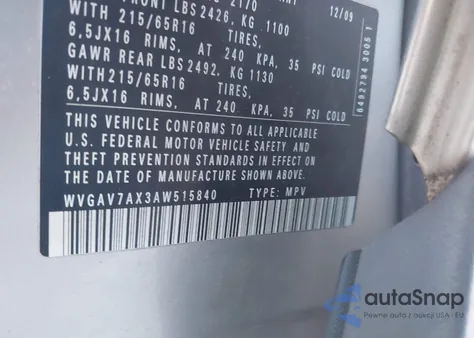 2010 Volkswagen Tiguan S из США, поврежденный, VIN WVGAV7AX3AW515840